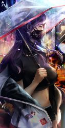 Rule 34 | 1girl, absurdres, blue eyes, blurry, blurry background, breasts, cindy (cindyart), city, from side, highres, holding, holding umbrella, jacket, large breasts, long hair, mask, midriff, mouth mask, navel, night, off shoulder, open clothes, open jacket, original, purple hair, rain, solo, umbrella