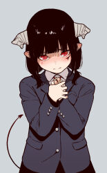Rule 34 | 1girl, aged down, bandaid, bandaid on hand, black hair, blue cardigan, blush, cardigan, closed mouth, demon girl, demon horns, demon tail, facial mark, grey background, hime-sama &quot;goumon&quot; no jikan desu, hirakei, horns, long hair, looking at viewer, low twintails, official art, own hands together, pointy ears, red eyes, red ribbon, ribbon, school uniform, shirt, simple background, slit pupils, tail, torture tortura, twintails, upper body, white shirt