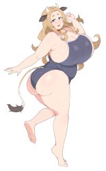 Rule 34 | 1girl, animal ears, ass, bare shoulders, belly, blonde hair, blue eyes, blue swim trunks, breasts, cleavage, collar, cow ears, cow girl, cow horns, cow tail, cowbell, curvy, dockra, dot nose, eyelashes, feet, female focus, horns, huge breasts, legs, long hair, looking at viewer, one-piece swimsuit, open mouth, plump, school swimsuit, shiny skin, short eyebrows, sideboob, smile, solo, standing, swimsuit, tail, thick eyebrows, thick thighs, thighs, white background