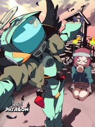 Rule 34 | 1girl, absurdres, aetherion, artist name, black cat, black wings, candle, canti, cat, closed eyes, cross, flcl, highres, jacket, open mouth, praying, red hair, robot, samejima mamimi, shadow, skirt, takkun (flcl), television, wings