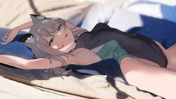 Rule 34 | 1girl, :o, animal ears, aqua eyes, arms up, blue archive, blurry, blurry background, breasts, commentary request, competition swimsuit, day, grey hair, highres, looking at viewer, lying, mismatched pupils, official alternate costume, on back, one-piece swimsuit, outdoors, parted lips, shiroko (blue archive), shiroko (swimsuit) (blue archive), small breasts, solo, subachi, swimsuit, translation request, wolf ears
