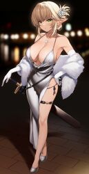 Rule 34 | 1girl, absurdres, aegis (takunomi), bare legs, bare shoulders, blonde hair, blurry, blurry background, bokeh, breasts, cleavage, collarbone, commentary request, depth of field, dress, elbow gloves, elf, enjo kouhai, feather boa, full body, gloves, green eyes, grey dress, grey footwear, hand on hilt, hand on own hip, highres, jewelry, large breasts, long pointy ears, looking at viewer, necklace, panties, panty straps, parted lips, pendant, plunging neckline, pointy ears, serious, shawl, sheath, sheathed, shoes, side-tie panties, solo, standing, sword, takunomi, thigh strap, underwear, weapon, white gloves