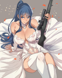 Rule 34 | 10s, 1girl, bad id, bad pixiv id, ban! (bansankan), bare shoulders, blue eyes, blue hair, breasts, cleavage, detached sleeves, dress, grisaia (series), grisaia no rakuen, gun, highres, holding hands, kusakabe asako, large breasts, long hair, looking at viewer, matching hair/eyes, navel, ponytail, rifle, see-through, sitting, smile, sniper rifle, solo, thighhighs, veil, weapon, wedding dress, white thighhighs