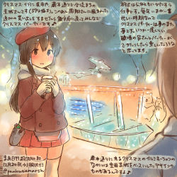 Rule 34 | 10s, 1girl, :d, akagi (kancolle), animal, brown coat, brown eyes, brown hair, coat, commentary request, dated, gloves, hakama, hakama skirt, hamster, hat, illumination, japanese clothes, kantai collection, kirisawa juuzou, lights, long hair, open mouth, red hakama, red hat, skirt, smile, thighhighs, traditional media, translation request, twitter username, white gloves, white thighhighs