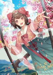 Rule 34 | 1girl, :d, bad id, bad pixiv id, blue sky, braid, brown hair, cloud, day, floral print, flower, hairband, japanese clothes, laurelfalcon, long hair, open mouth, outdoors, outstretched hand, petals, pink eyes, sid story, sky, smile, solo, standing, very long hair, watermark