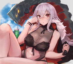 Rule 34 | 1girl, azur lane, blue sky, breasts, cleavage, coat, day, fur trim, graf zeppelin (azur lane), graf zeppelin (beachside urd) (azur lane), hair between eyes, highres, large breasts, long hair, looking at viewer, mappaninatta, open clothes, open coat, outdoors, red eyes, see-through, silver hair, sky, sleeveless, solo