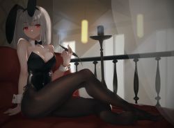 Rule 34 | 1girl, animal ears, bare shoulders, black bow, black bowtie, black hairband, black leotard, black pantyhose, blunt bangs, bow, bowtie, breasts, candle, ceiling light, cleavage, curtains, detached collar, fake animal ears, fikusipu, full body, grey hair, hairband, highres, holding, indoors, large breasts, leotard, long hair, looking at viewer, on bed, original, pantyhose, parted lips, playboy bunny, rabbit ears, red eyes, sitting, smile, smoking, solo, strapless, strapless leotard, thighs, wrist cuffs