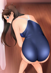 Rule 34 | 1girl, absurdres, all fours, aqua eyes, ass, back, backboob, bare arms, bare legs, bare shoulders, black hair, blue one-piece swimsuit, blush, breasts, clenched teeth, fate/stay night, fate (series), feet, from behind, hair ribbon, highres, indoors, legs, long hair, looking at viewer, looking back, one-piece swimsuit, ribbon, sideboob, sleeveless, solo, swimsuit, teeth, thighs, toes, tohsaka rin, twintails, wooden floor, yadokari genpachirou