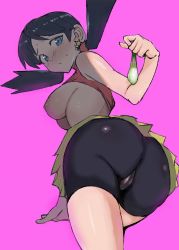 Rule 34 | 1girl, arm support, ass, bike shorts, blue hair, blush, breasts, breasts out, cameltoe, cleft of venus, condom, creatures (company), game freak, highres, huge ass, kris (pokemon), large breasts, legs, looking at viewer, looking back, low twintails, nintendo, nipples, petapeta1919194, pokemon, pokemon gsc, sideboob, skirt, thick thighs, thighs, twintails