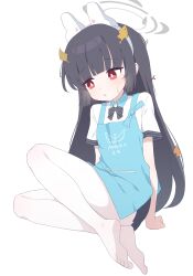 Rule 34 | 1girl, absurdres, angel&#039;s 24 uniform (blue archive), animal ears, apron, black bow, black bowtie, black hair, black skirt, blue apron, blue archive, blunt bangs, blush, bow, bowtie, commentary, fake animal ears, feet, flat chest, full body, grey halo, hagoonha, halo, headgear, highres, leaf, leaf on head, legs, long hair, looking to the side, miniskirt, miyu (blue archive), no shoes, pantyhose, parted lips, pleated skirt, rabbit ears, red eyes, shirt, short sleeves, simple background, sitting, skirt, soles, solo, striped bow, striped bowtie, striped clothes, sweatdrop, toes, white background, white pantyhose, white shirt, yokozuwari