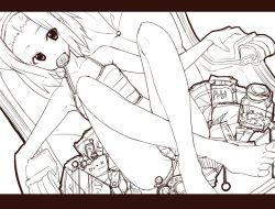 Rule 34 | 00s, 1girl, barefoot, camisole, candy, feet, food, greyscale, hairband, k-on!, legs, letterboxed, lollipop, monochrome, panties, pocky, short hair, sketch, snack, solo, striped clothes, striped panties, swirl lollipop, tainaka ritsu, tomboy, underwear, yada ei