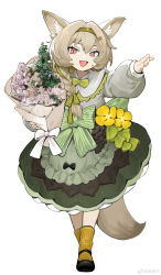 Rule 34 | 1girl, absurdres, alternate costume, animal ear fluff, arknights, arm up, beanstalk (arknights), black bow, black footwear, bouquet, bow, braid, brown hair, dress, fang, flower, full body, green bow, green dress, green hairband, green ribbon, hair ornament, hair ribbon, hairband, hairclip, highres, holding, holding bouquet, hyena ears, hyena girl, hyena tail, long hair, long sleeves, looking at viewer, menthako, open mouth, pink flower, red eyes, ribbed socks, ribbon, shoes, socks, solo, standing, white flower, yellow flower, yellow socks