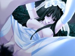 Rule 34 | 1boy, 1girl, blush, breasts, bride, censored, character request, dress, flower, gloves, hetero, large breasts, long hair, nipples, penis, pussy, sex, swimsuit, tagme, vaginal, wedding, wedding dress
