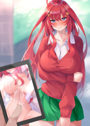1girl 1other absurdres ahoge arm_under_breasts blue_eyes blurry blurry_background blush breasts closed_mouth collarbone cum cum_on_body cum_on_breasts cum_on_stomach cum_on_upper_body dot_nose go-toubun_no_hanayome green_skirt hair_ornament highres holding holding_own_arm holding_phone large_breasts looking_at_viewer micosiva miniskirt multiple_views nakano_itsuki nude phone pov pov_hands red_hair red_sweater sexting shirt skirt solo_focus star_(symbol) star_hair_ornament sweater wavy_mouth white_shirt
