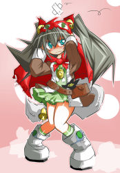 Rule 34 | 1girl, aqua eyes, bell, belt, boots, brown hair, cape, dress, duel monster, full body, furumeta, hair ornament, hood, hooded cape, jacket, red cape, red hood, saambell the summoner, skirt, socks, solo, striped clothes, striped socks, tearing up, twintails, two-tone stripes, yu-gi-oh!