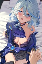 Rule 34 | 1girl, ascot, bare shoulders, black shorts, blue eyes, blue hair, blue jacket, blush, breasts, brooch, furina (genshin impact), genshin impact, highres, hizuki higure, holding hands, jacket, jewelry, light blue hair, long sleeves, looking at viewer, medium breasts, multicolored hair, off shoulder, open clothes, open jacket, sash, short hair, short shorts, shorts, solo focus, streaked hair, thighs, vision (genshin impact), white hair