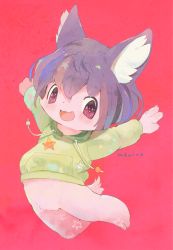 Rule 34 | 1boy, :3, :d, animal ear fluff, animal ears, bad id, bad pixiv id, bottomless, child, commentary request, drawstring, fang, full body, furry, furry male, green hoodie, highres, hood, hoodie, jumping, long sleeves, looking at viewer, male focus, manino (mofuritaionaka), open mouth, original, outstretched arms, pink eyes, purple hair, red background, signature, simple background, smile, solo, spread arms, star (symbol), tail