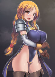 Rule 34 | 1girl, agrias oaks, armor, blonde hair, blush, boots, braid, braided ponytail, breasts, brown eyes, brown gloves, final fantasy, final fantasy tactics, gloves, highleg, highleg leotard, huge breasts, leotard, long hair, looking at viewer, nagase haruhito, open mouth, single braid, solo, standing