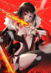 Rule 34 | 1girl, absurdres, black dress, black jacket, blood, blood on breasts, bloody tears, blush, breasts, brown hair, closed mouth, commentary request, dress, fate/grand order, fate (series), flaming sword, flaming weapon, fur-trimmed jacket, fur trim, head tilt, highres, holding, holding sword, holding weapon, jacket, long hair, long sleeves, medium breasts, off-shoulder dress, off shoulder, open clothes, open jacket, red background, red eyes, revealing clothes, sitting, smile, solo, sword, weapon, wide sleeves, yiyu qing mang, yu mei-ren (fate)