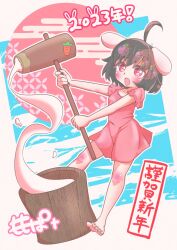 Rule 34 | 1girl, 2023, ahoge, animal ears, barefoot, black nails, blush, body blush, breasts, brown hair, chinese zodiac, commentary request, dress, food, frilled sleeves, frills, full body, inaba tewi, kine, looking at viewer, mallet, mochi, mochi trail, mochitsuki, momopato (rplpn), nail polish, new year, open mouth, pink dress, rabbit ears, rabbit girl, rabbit tail, red eyes, short dress, short hair, small breasts, solo, tail, toenail polish, toenails, toes, touhou, year of the rabbit