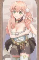 Rule 34 | 1girl, absurdres, atelier (series), atelier escha &amp; logy, atyao-299, bare shoulders, belt pouch, blush, braid, breasts, brown skirt, brushing hair, choker, cleavage, closed mouth, escha malier, green eyes, highres, large breasts, long hair, looking at viewer, mirror, pink hair, pouch, side braid, skirt, smile, solo, standing, tail, thighhighs, twintails