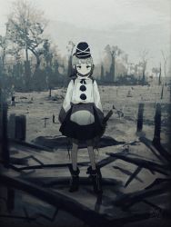 Rule 34 | 1girl, black eyes, blurry, blurry background, hat, highres, japanese clothes, kariginu, looking at viewer, mononobe no futo, no mouth, no nose, pom pom (clothes), ribbon, ribbon-trimmed sleeves, ribbon trim, ruins, shoes, side ponytail, skirt, sokura (mochichitose), solo, tate eboshi, thick eyebrows, touhou