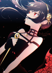 Rule 34 | 1girl, aka mikan, black background, black dress, black gloves, black hair, breasts, cleavage, commentary, dagger, dress, earrings, expressionless, eyelashes, fingerless gloves, floating hair, flower, from side, gloves, gold hairband, hair flower, hair ornament, hairband, highres, holding, holding dagger, holding knife, holding weapon, jewelry, knife, light particles, lips, long hair, looking up, medium breasts, parted lips, red eyes, simple background, sleeveless, sleeveless dress, solo, spy x family, twitter username, upper body, watermark, weapon, yor briar