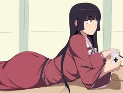 Rule 34 | 1girl, ass, black hair, breasts, brown eyes, controller, cup, daa (blame2212), dress, expressionless, glass, highres, hime cut, hip focus, houraisan kaguya, large breasts, long hair, lying, on stomach, playing games, ribbon, sliding doors, tatami, touhou