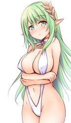 Rule 34 | 1girl, arms under breasts, bare arms, bare shoulders, blush, breast hold, breasts, cameltoe, character request, chestnut mouth, cleavage, covered erect nipples, earrings, elf, green eyes, green hair, groin, hair between eyes, head tilt, highres, iris mysteria!, jewelry, large breasts, looking at viewer, navel, one-piece swimsuit, parted lips, pointy ears, simple background, slingshot swimsuit, solo, swimsuit, white background, white one-piece swimsuit, yuu (yumezakura)