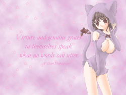 Rule 34 | 1girl, animal ears, animal hood, blush, bottomless, breasts, brown eyes, cat hood, cleavage, cleavage cutout, clothing cutout, elbow gloves, english text, engrish text, gloves, hood, large breasts, looking at viewer, ranguage, ribbon, solo, tail, tail ornament, tail ribbon, wallpaper