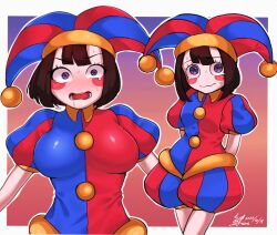 Rule 34 | 1girl, arms behind back, blue bodysuit, blue eyes, blue hat, bodysuit, brown hair, clytie youyu312, colored skin, hat, hat bell, highres, jester, jester cap, looking at viewer, medium hair, multicolored clothes, multicolored hat, pomni (the amazing digital circus), red eyes, red hat, solo, striped clothes, striped headwear, sweat, the amazing digital circus, two-tone eyes, vertical-striped bodysuit, vertical-striped clothes, vertical-striped headwear, white skin