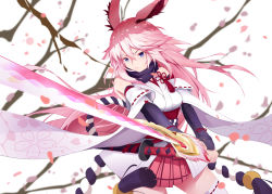 Rule 34 | 1girl, absurdres, animal ears, cherry blossoms, closed mouth, fox ears, highres, holding, holding weapon, honkai (series), honkai impact 3rd, katana, kklona, looking at viewer, pink hair, purple eyes, sheath, sheathed, simple background, solo, sword, weapon, white background, white legwear, yae sakura, yae sakura (gyakushinn miko)