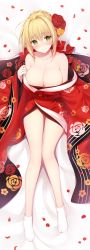 Rule 34 | 1girl, bare shoulders, bed sheet, blonde hair, blush, braid, braided bun, breasts, cleavage, closed mouth, collarbone, commentary request, fate/grand order, fate (series), floral print, full body, green eyes, hair bun, hair ornament, head tilt, highres, japanese clothes, kimono, large breasts, looking at viewer, miko (royal milk), nero claudius (fate), nero claudius (fate) (all), nero claudius (fate/extra), official alternate costume, petals, sitting, smile, solo, tabi, white legwear, wide sleeves