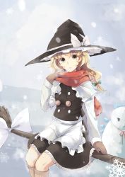 Rule 34 | 1girl, absurdres, apron, arm at side, black dress, black hat, blonde hair, bow, breath, broom, broom riding, brown gloves, brown socks, buttons, dress, gloves, hand on own shoulder, hat, hat bow, highres, ice, ice wings, kekkai, kirisame marisa, kneehighs, looking at viewer, motion blur, red scarf, scarf, sidesaddle, sitting, snowflakes, snowing, snowman, socks, solo, striped clothes, striped socks, tareme, touhou, waist apron, white bow, wings, witch hat, yellow eyes