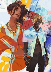 Rule 34 | 1boy, 1girl, adapted costume, apex legends, black pants, blue eyes, blue shirt, brown eyes, brown hair, chain, collared shirt, commentary, dark-skinned female, dark-skinned male, dark skin, dreadlocks, earrings, facial mark, forehead mark, gold chain, hand on own head, highres, iwamoto zerogo, jacket, jewelry, lip piercing, looking at viewer, looking to the side, midriff, multiple rings, navel, necklace, orange jacket, pants, parted lips, piercing, rampart (apex legends), ring, seer (apex legends), shirt, side ponytail, skull print, smile, symbol-only commentary, tank top, watermark, web address, white tank top