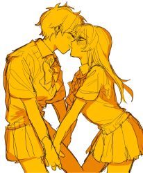 Rule 34 | 2girls, azuma (magi-inazuma), blush, bow, bowtie, closed mouth, collared shirt, commentary request, cowboy shot, highres, holding hands, imminent kiss, long hair, looking at another, monochrome, multiple girls, original, parted lips, pleated skirt, school uniform, shirt, short hair, short sleeves, simple background, skirt, smile, sweater vest, white background, yellow theme, yuri