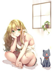Rule 34 | 1girl, absurdres, barefoot, bell, blonde hair, breasts, cat, cleavage, closed mouth, collar, green eyes, hand on own cheek, hand on own face, highres, indian style, indoors, jingle bell, lingerie, long hair, looking at viewer, medium breasts, neck bell, nightgown, original, plant, pointy ears, potted plant, satou (kuso-neet), sitting, smile, solo, strap slip, underwear, window