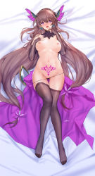 Rule 34 | 1girl, absurdres, bare shoulders, bed, black panties, black thighhighs, breasts, breasts apart, brown hair, character request, detached collar, earrings, elbow gloves, feather hair ornament, feathers, feet, gloves, hair between eyes, hair ornament, hairclip, half-closed eyes, heart, heart tattoo, highres, jewelry, knees together feet apart, long hair, navel, nipples, open mouth, panties, pubic tattoo, purple eyes, solo, stomach tattoo, swd3e2, tattoo, tears, thighhighs, underwear, venus blood, very long hair