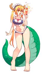 Rule 34 | 1girl, bare legs, barefoot, bikini, blonde hair, breasts, breath weapon, breathing fire, cleavage, commentary, dragon horns, dragon tail, english commentary, fang, fire, food, full body, highres, holding, holding skewer, horns, kebab, kobayashi-san chi no maidragon, large tail, long hair, looking at viewer, maid, maid bikini, maid headdress, medium breasts, mundane utility, navel, orange eyes, rtil, simple background, skewer, slit pupils, solo, standing, swimsuit, tail, tohru (maidragon), twintails, unconventional maid, very long hair, white background