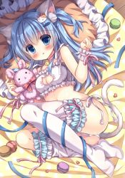 Rule 34 | 1girl, animal ear fluff, animal ears, bed, bell, blue eyes, blue hair, blush, breasts, bridal garter, cat ears, cat hair ornament, cat lingerie, cat tail, choker, cleavage cutout, clothing cutout, fish hair ornament, food, full body, hair ornament, hairclip, highres, kouta., long hair, lying, macaron, meme attire, neck bell, on bed, on side, original, panties, parted lips, paw pose, pillow, polka dot, ribbon, scrunchie, side-tie panties, small breasts, solo, stuffed animal, stuffed rabbit, stuffed toy, tail, thigh scrunchie, thighhighs, thighhighs pull, two side up, underwear, white panties, white thighhighs, wrist scrunchie