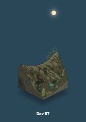 Rule 34 | blue background, bush, commentary request, creature, diorama, full moon, glowing, gozz, highres, isometric, moon, night, original, skull