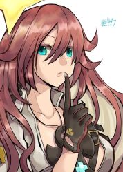 Rule 34 | 1girl, ankh necklace, black gloves, breasts, cleavage, gloves, green eyes, guilty gear, guilty gear strive, hair between eyes, jack-o&#039; valentine, large breasts, long hair, looking at viewer, mariebell, multicolored hair, red hair, two-tone hair, white hair