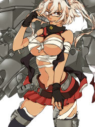 Rule 34 | 10s, 1girl, ammunition, bandages, blonde hair, blush, boots, breasts, budget sarashi, dark skin, dark-skinned female, fingerless gloves, glasses, gloves, headgear, highres, kantai collection, kashima (nepetabi), large breasts, long hair, looking at viewer, miniskirt, musashi (kancolle), navel, open mouth, personification, pointy hair, red eyes, sarashi, short hair, skirt, solo, thigh boots, thighhighs, twintails, two side up, zettai ryouiki