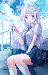 Rule 34 | 1girl, absurdres, bag, blue eyes, blue necktie, blue skirt, blush, breasts, closed mouth, collared shirt, eumi 114, feet out of frame, handbag, highres, holding, holding phone, kneehighs, long hair, looking at viewer, medium breasts, necktie, original, phone, pleated skirt, railing, school uniform, shirt, shirt tucked in, short sleeves, silver hair, sitting, skirt, socks, solo, uniform, white shirt, white socks