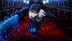 Rule 34 | 1girl, baseball cap, black gloves, black hat, black vest, blood, blood on clothes, blood on face, blue eyes, blue necktie, blue pants, blue shirt, closed mouth, faust (project moon), game cg, gloves, hat, highres, holding, holding sword, holding weapon, indoors, limbus company, looking at viewer, medium hair, nai ga, necktie, official art, pants, project moon, running, running towards viewer, shirt, solo, sword, vest, weapon, white hair