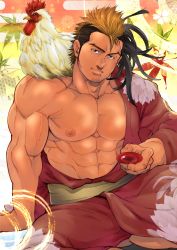 Rule 34 | 1boy, abs, absurdres, bara, bird, blonde hair, brown eyes, brown hair, chicken, crossed legs, cup, facial hair, feet out of frame, highres, japanese clothes, kimono, large pectorals, looking at viewer, male focus, manly, mohawk, multicolored hair, muscular, navel, nipples, open clothes, open kimono, original, pectorals, sakazuki, short hair, sideburns, solo, terujirou (masateruteru), textless version, two-tone hair, veins