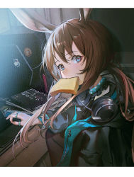 Rule 34 | 1girl, a4-kalajiao, amiya (arknights), arknights, ascot, black jacket, blue ascot, blue collar, blue eyes, bread slice, brown hair, collar, computer, food, food in mouth, hair between eyes, headphones, headphones around neck, highres, indoors, jacket, jewelry, laptop, letterboxed, long sleeves, mouth hold, multiple rings, neck ring, open clothes, open jacket, ponytail, ring, shadow, sidelocks, solo, toast, toast in mouth