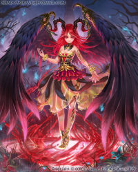 Rule 34 | 1girl, armband, bracelet, dragon&#039;s shadow, dress, feathered wings, horns, jewelry, long hair, magic circle, official art, red eyes, red hair, shadowgrave, solo, wings