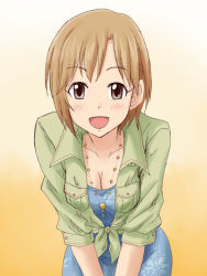 Rule 34 | 1girl, :d, aiba yumi, blouse, blue dress, breasts, brown eyes, brown hair, cleavage, collarbone, commentary request, cowboy shot, dress, floral print, gradient background, green shirt, hands on own knees, hatching (texture), idolmaster, idolmaster cinderella girls, jewelry, leaning forward, lielos, linear hatching, looking at viewer, necklace, open clothes, open mouth, open shirt, parted bangs, shirt, smile, solo, standing, tan background, tied shirt, yellow background