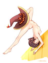 Rule 34 | 1girl, :o, arched back, artist name, barefoot, black hair, blush, breasts, completely nude, gymnastics, hat, highres, idle antics, kono subarashii sekai ni shukufuku wo!, looking at viewer, megumin, navel, nipples, nude, small breasts, solo, upside-down, white background, witch hat
